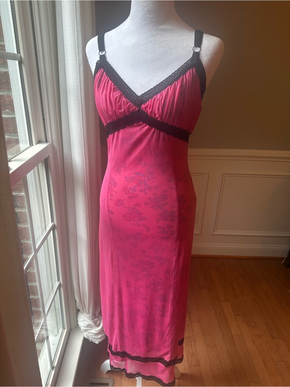 Urban Outfitters Hot Pink Slip Dress with Black Lace Trimmings